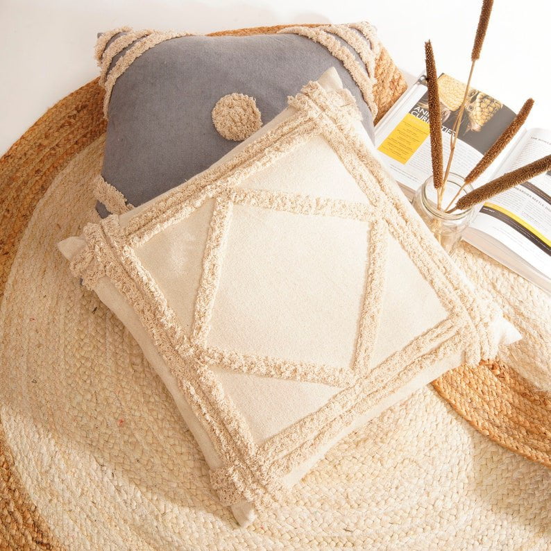 Linen Connections Tassel Hand Tufted Cushion Cover Moroccan Boho &