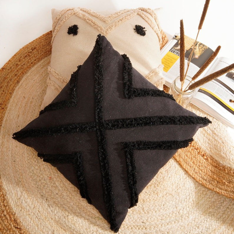 Linen Connections Tassel Hand Tufted Cushion Cover Moroccan Boho &