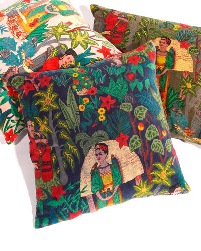 Linen Connections Frida Kahlo Velvet Cushion Cover Frida's Garden Cushion Handmade Mexico Muertes Decorative Cushion 100% cotton velvet