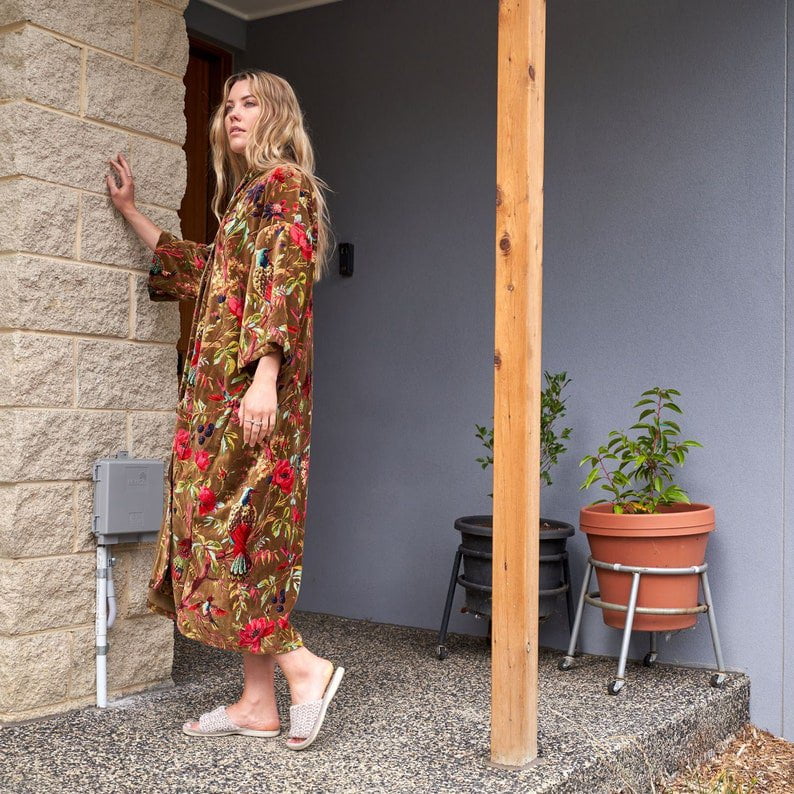 Linen Connections Frida Floral Cotton Velvet Kimono Bathrobe Gift for her, Bridal Robes CK83