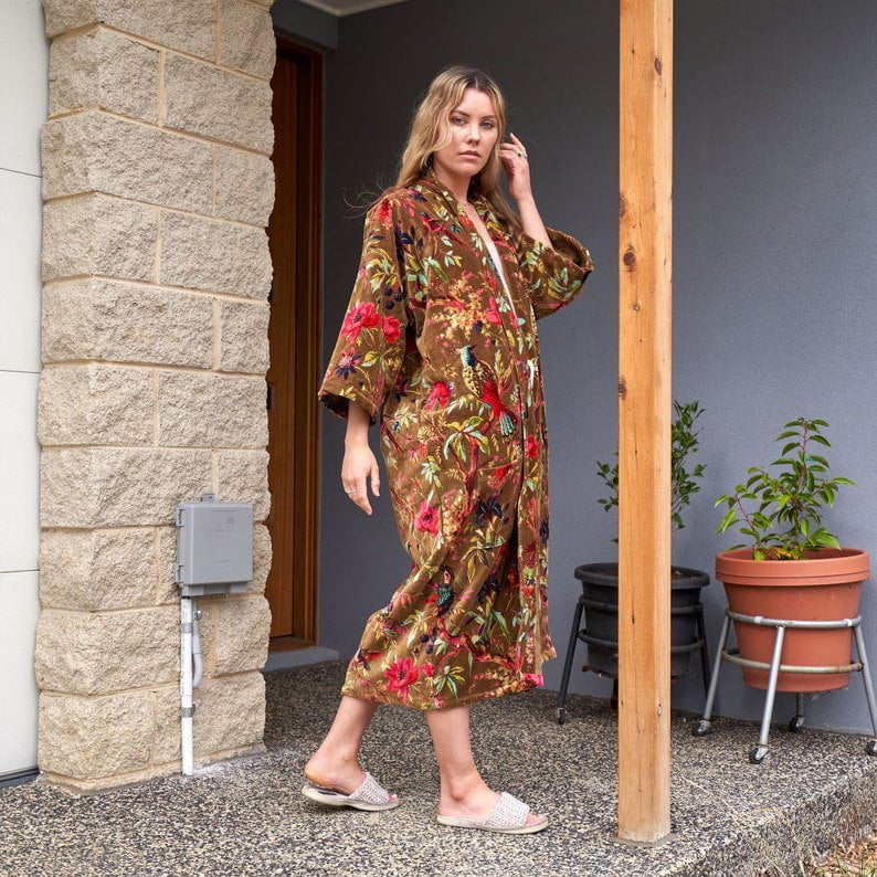 Linen Connections Frida Floral Cotton Velvet Kimono Bathrobe Gift for her, Bridal Robes CK83