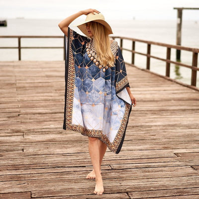 Linen Connections Trendy Silk Kaftan For Women Long Kaftan Resort Wear Vacation Beach Dress Boho Silk Dress Kaftan Necklace Print Gift For Her | Blue