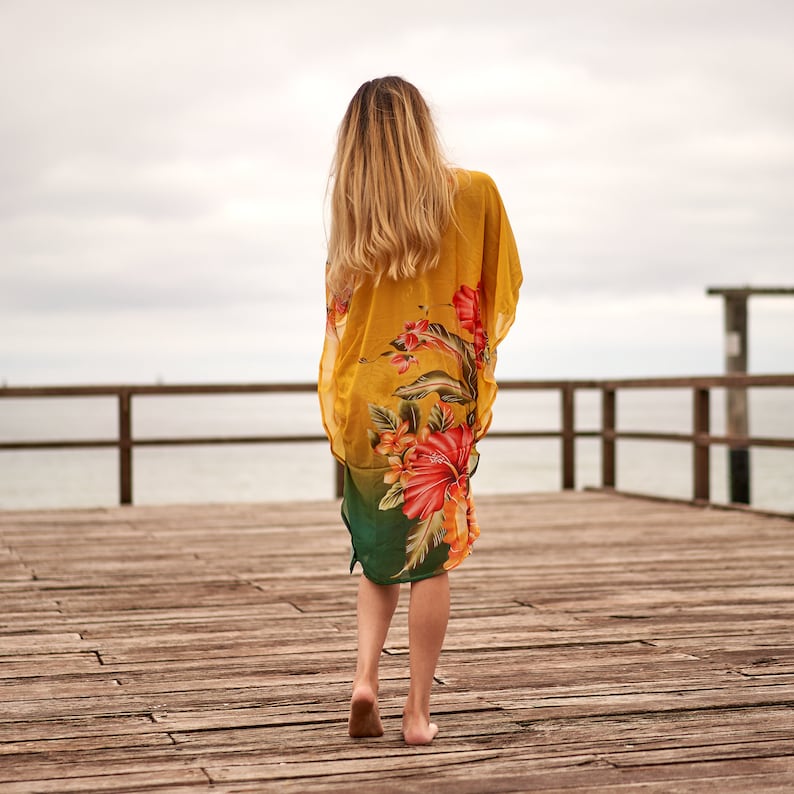 Linen Connections Trendy Silk Kaftan For Women Long Caftan Resort Wear Vacation Beach Dress Boho Silk Dress Kaftan Floral Print Silk Kaftan Gift For Her | Yellow