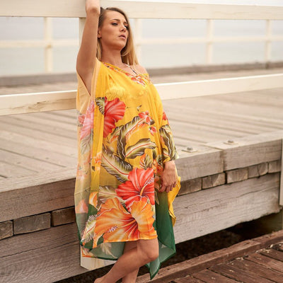 Linen Connections Trendy Silk Kaftan For Women Long Caftan Resort Wear Vacation Beach Dress Boho Silk Dress Kaftan Floral Print Silk Kaftan Gift For Her | Yellow