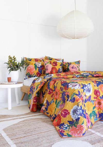 Floral Cotton Quilt Throw Bedspread Block Print Quilt Indian Quilt Comforter Duvet Cover Quilt Gift - Mustard Anthro