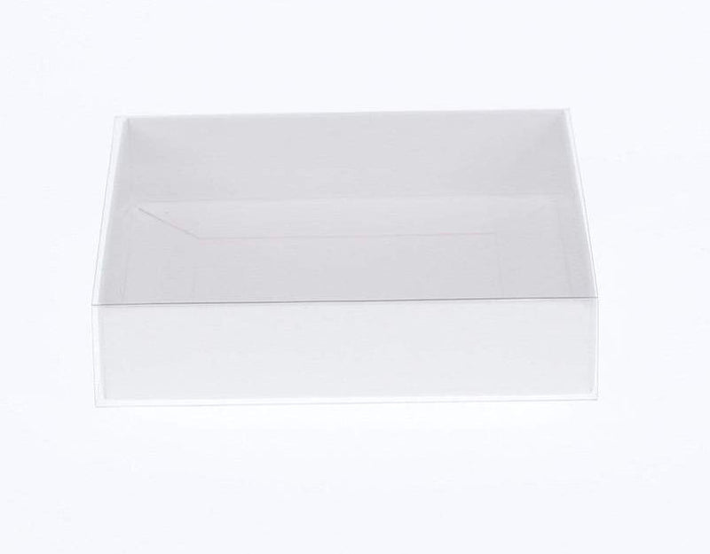 50 Pack of 15cm Square Invitation Coaster Favor Function product Presentation Cookie Biscuit Patisserie Gift Box - 4cm deep - White Card with Clear Slide On PVC Lid