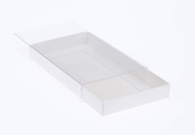 50 Pack of White Card Box - Clear Slide On Lid - 17 x 25 x 5cm -  Large Beauty Product Gift Giving Hamper Tray Merch Fashion Cake Sweets Xmas