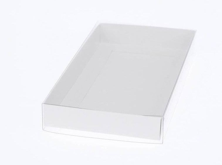 50 Pack of White Card Square Box - Clear Slide On Lid - 20 x 20 x 8cm -  Large Beauty Product Gift Giving Hamper Tray Merch Fashion Cake Sweets Xmas