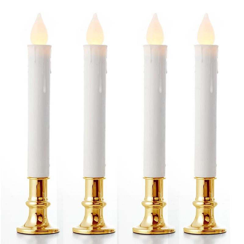 3 Pack Taper Stick White Battery Candle - Natural Flame Light Colour No Flicker - Gold Stand Base