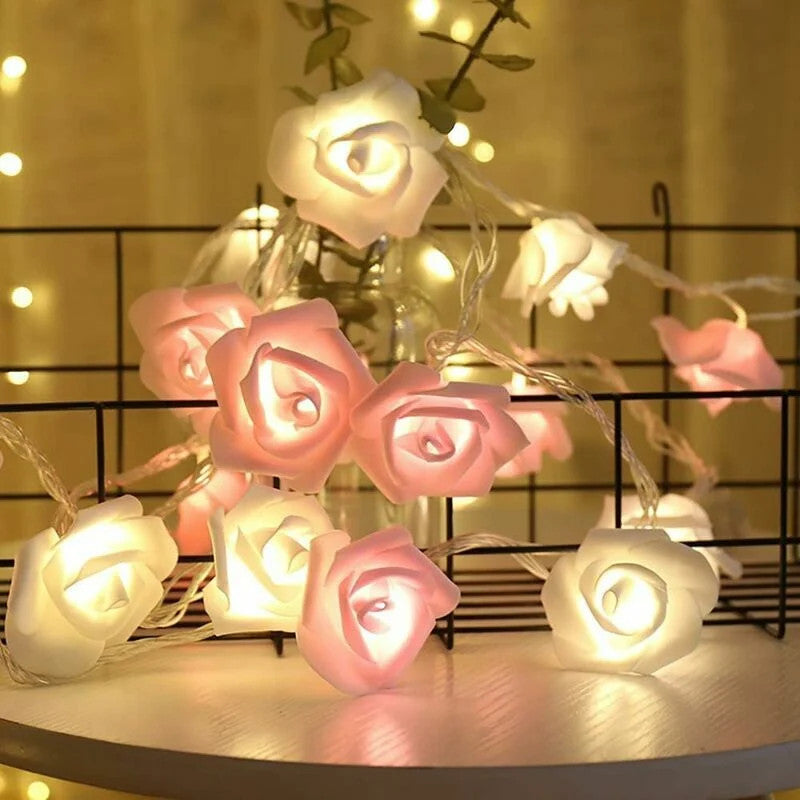 20 Pink n White Rose 3D Fairy Lights 3M String, Battery (AA) Indoor & Outdoor Decorations Wedding Valentines Romantic Room Table Lighting