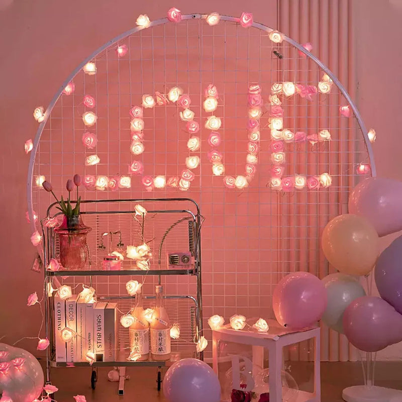 50 Pink n White Rose 3D Fairy Lights 5M LONG String, Battery (AA) Indoor & Outdoor Decorations Wedding Valentines Romantic Room Table Lighting