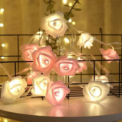 50 Pink n White Rose 3D Fairy Lights 5M LONG String, Battery (AA) Indoor & Outdoor Decorations Wedding Valentines Romantic Room Table Lighting