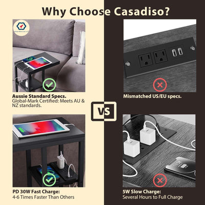 Casadiso Mintaka Pro: E-Shaped Sofa Side Table with Built-in Power Board, Black