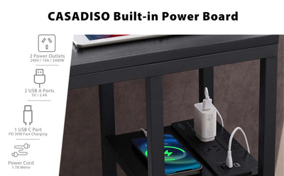 Casadiso Mintaka Pro: E-Shaped Sofa Side Table with Built-in Power Board, Black