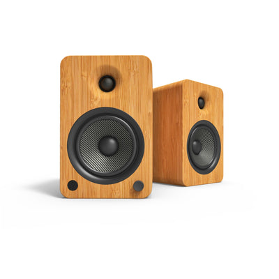 Kanto YU6 200W Powered Bookshelf Speakers with Bluetooth and Phono Preamp - Pair, Bamboo with SP26PL Black Stand Bundle