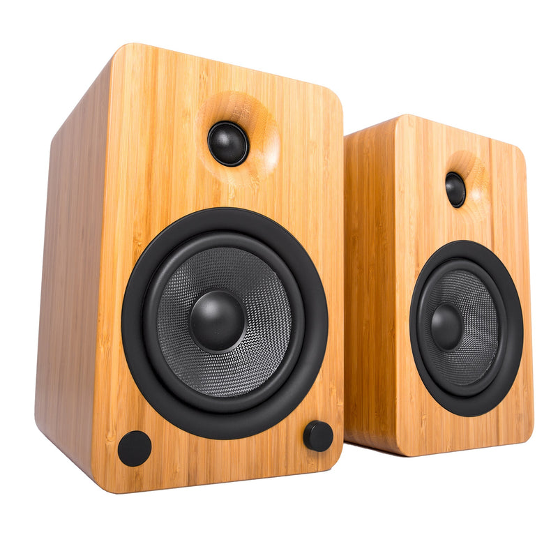 Kanto YU6 200W Powered Bookshelf Speakers with Bluetooth and Phono Preamp - Pair, Bamboo with SP26PL Black Stand Bundle