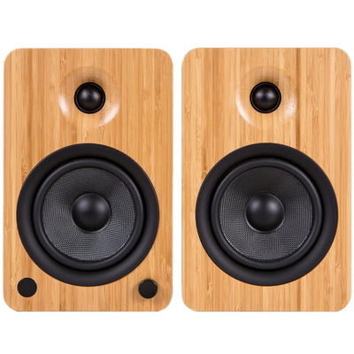 Kanto YU6 200W Powered Bookshelf Speakers with Bluetooth and Phono Preamp - Pair, Bamboo with SP26PL Black Stand Bundle