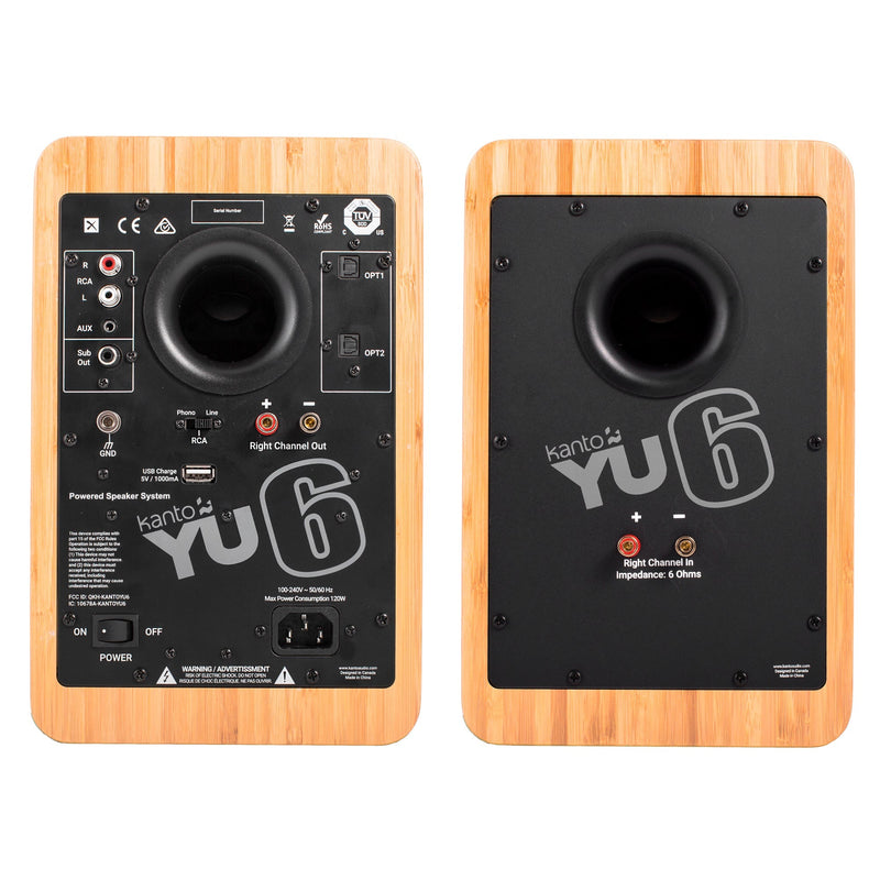 Kanto YU6 200W Powered Bookshelf Speakers with Bluetooth and Phono Preamp - Pair, Bamboo with SP26PL Black Stand Bundle