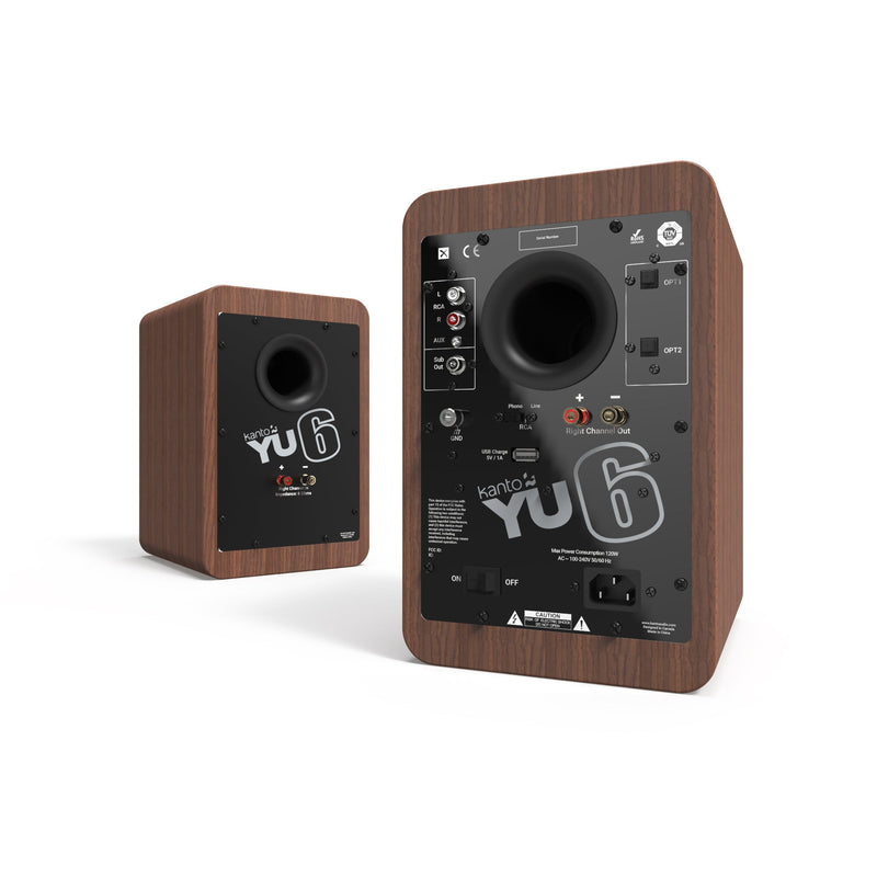 Kanto YU6 200W Powered Bookshelf Speakers with Bluetooth and Phono Preamp - Pair, Walnut with SP26PL Black Stand Bundle