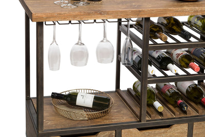 Industrial Style Wooden Bar Cart Drinks Trolley Station with Wine Bottle Rack