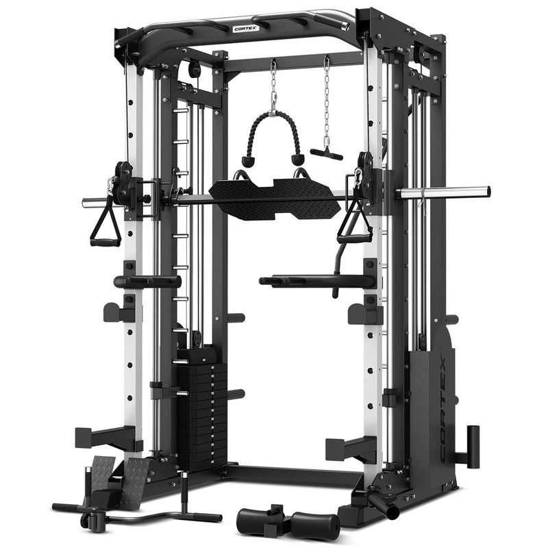 CORTEX SM-25 6-In-1 Power Rack with Smith & Cable Machine + BN-9 Bench + Ultimate Olympic Bumper Weight Plate & Barbell Package