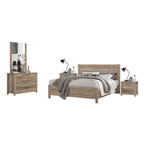 Alice 4 Pieces Bedroom Suite Natural Wood Like MDF Structure Queen Size Oak Colour Bed, Bedside Table & Dresser