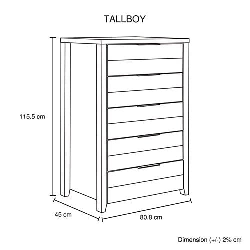 Alice 5 Pieces Bedroom Suite Natural Wood Like MDF Structure Queen Size Oak Colour Bed, Bedside Table, Tallboy & Dresser