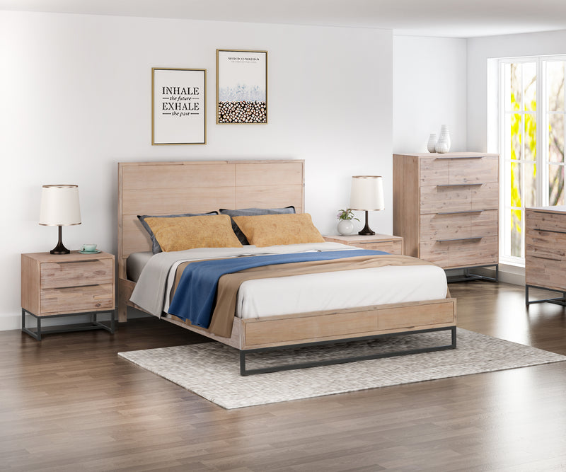 4 Pieces Bedroom Suite made in Solid Wood Acacia Veneered Queen Size Oak Colour 1XBed, 2X Bedside Table & 1XTallboy