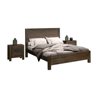 3 Pieces Bedroom Suite in Solid Wood Veneered Acacia Construction Timber Slat Double Size Chocolate Colour Bed, Bedside Table