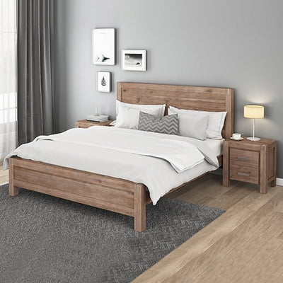 4 Pieces Bedroom Suite in Solid Wood Veneered Acacia Construction Timber Slat King Size Oak Colour Bed, Bedside Table & Tallboy