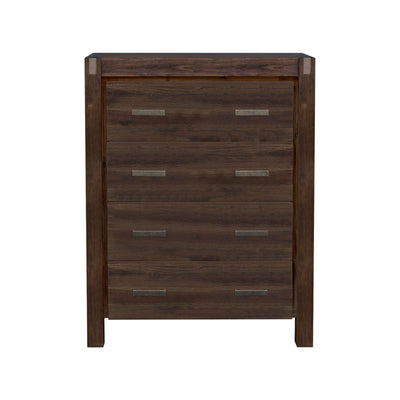 5 Pieces Bedroom Suite in Solid Wood Veneered Acacia Construction Timber Slat King Size Chocolate Colour Bed, Bedside Table , Tallboy & Dresser