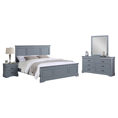 4 Pieces Bedroom Suite in Solid Wood & MDF Queen Size Grey Colour Bed, Bedside Table & Dresser