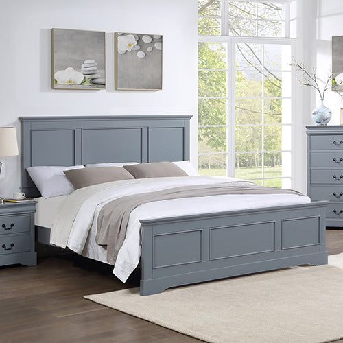 4 Pieces Bedroom Suite in Solid Wood & MDF Queen Size Grey Colour Bed, Bedside Table & Tallboy