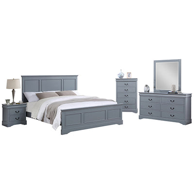 5 Pieces Bedroom Suite in Solid Wood & MDF Queen Size Grey Colour Bed, Bedside Table, Dresser & Tallboy