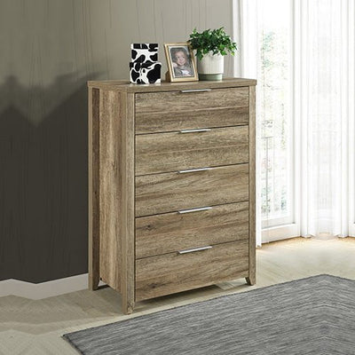 Tallboy with 5 Storage Drawers Natural Wood like MDF in White Ash Colour