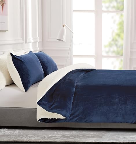 2-in-1 Teddy Sherpa Quilt Cover Set (Navy Blue, Single)
