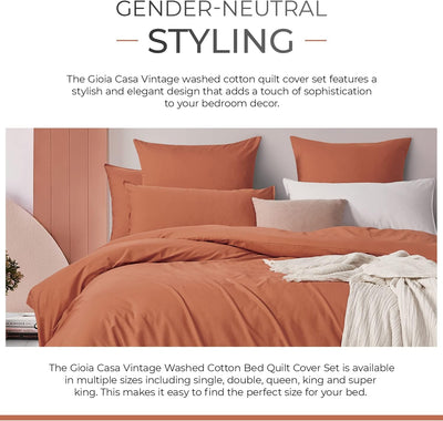 100% Cotton Vintage Washed Bed Quilt Cover Set - Brick - Single