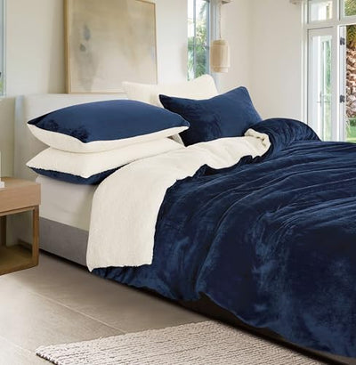 2-in-1 Teddy Sherpa Quilt Cover Set (Navy Blue, Double)