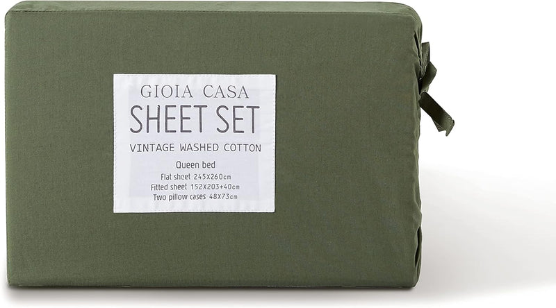 Vintage Washed 100% Cotton Sheet Set with 2 Pillowcases - Khaki Green - Double