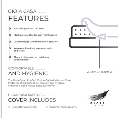 Gioia Casa 100% Ultra-Soft Cotton Quilted Anti-Microbial Mattress Cover Protector - White - Queen Size