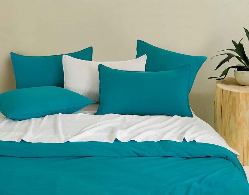 Vintage Washed Microfibre Quilt Cover Set (Teal, Queen)