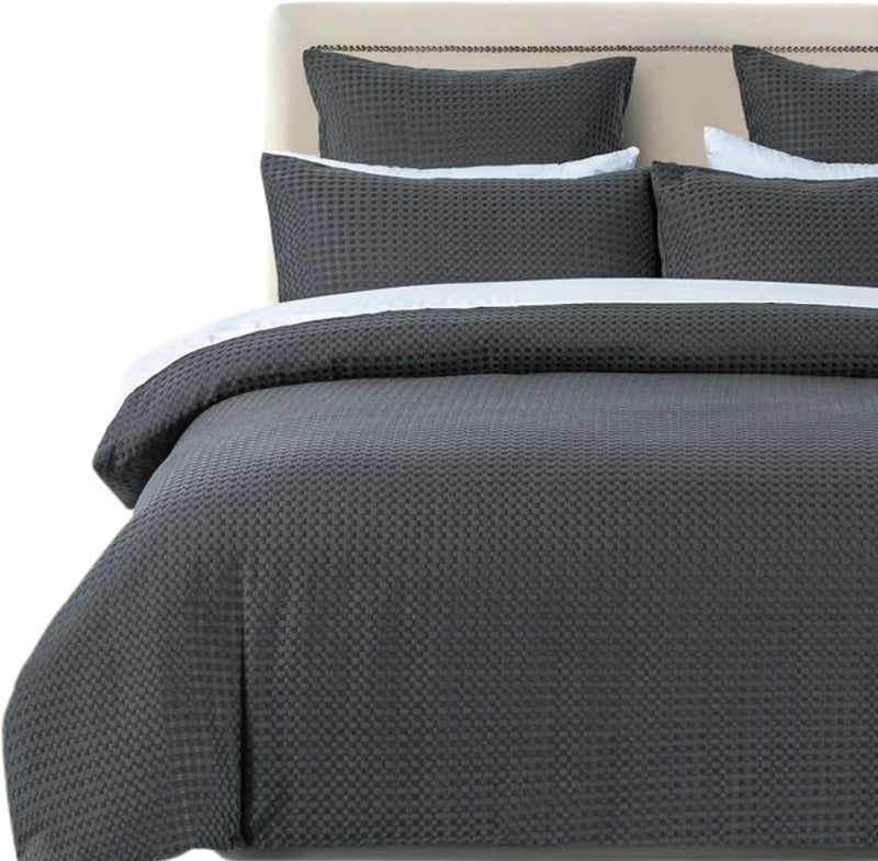 100% Premium Waffle Microfibre Quilt Cover Set (3Pcs) - Dark Grey - Queen