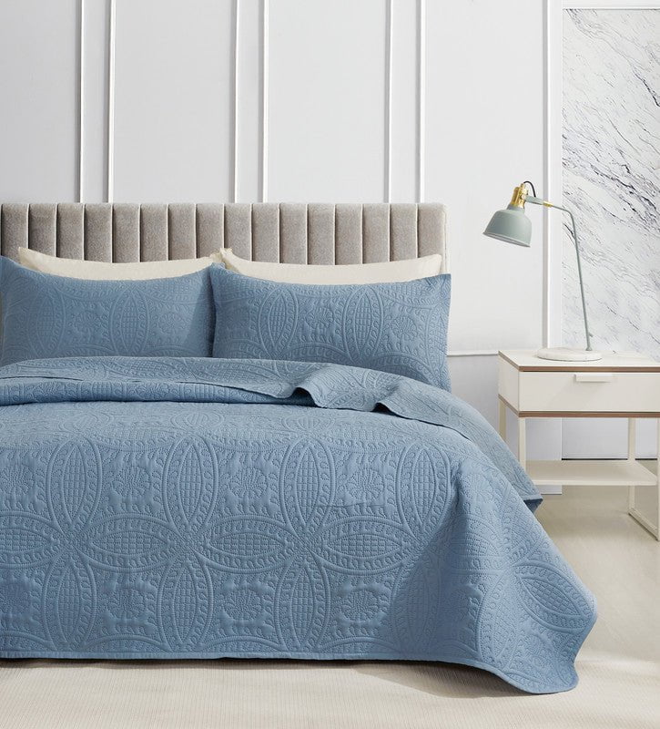 Lisbon Quilted 3 Pieces Embossed Coverlet Set-queen/king blue