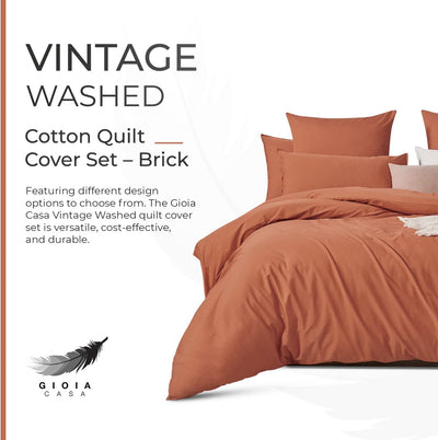 100% Cotton Vintage Washed Bed Quilt Cover Set (3Pcs) - Brick - King Size