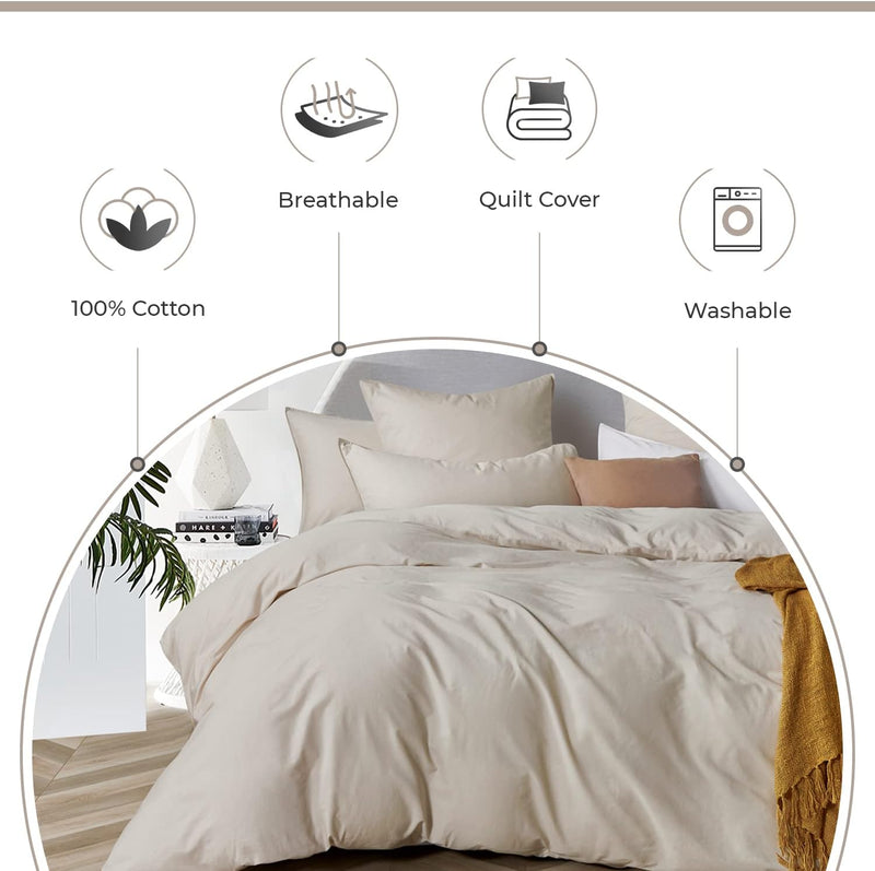 100% (3Pcs) Cotton Vintage Washed Bed Quilt Cover Set - Natural - Super King Size