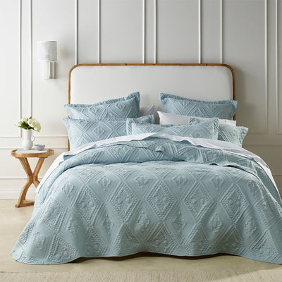 Bianca Aspen Sky Blue Embroidered Bedspread Set Super King