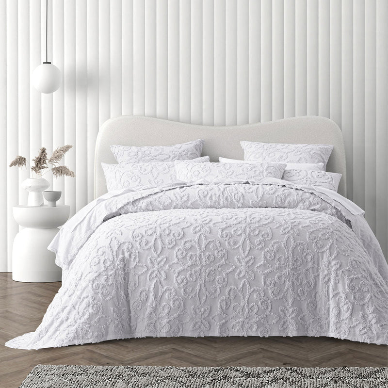 Bianca Ella White Cotton Chenille Floral Bedspread Set King Single