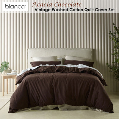 Bianca Acacia Chocolate Vintage Washed Cotton Quilt Cover Set Single