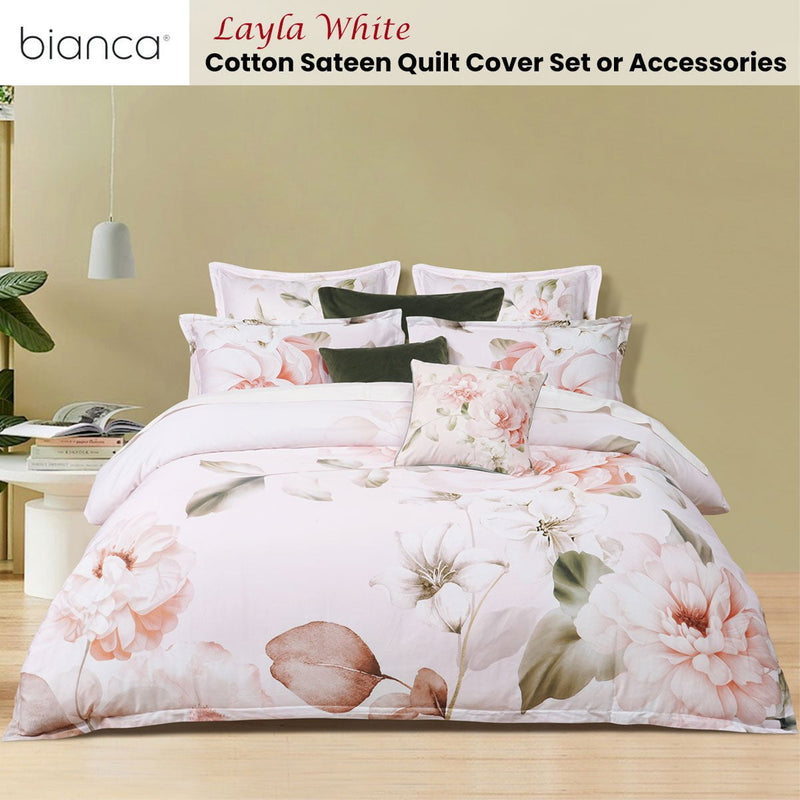 Bianca Layla White Floral Printed Cotton Sateen Quilt Cover Set Queen