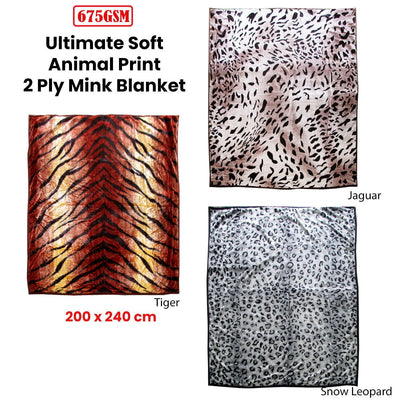 675gsm 2 Ply Animal Print Faux Mink Blanket Queen 200x240 cm Snow Leopard